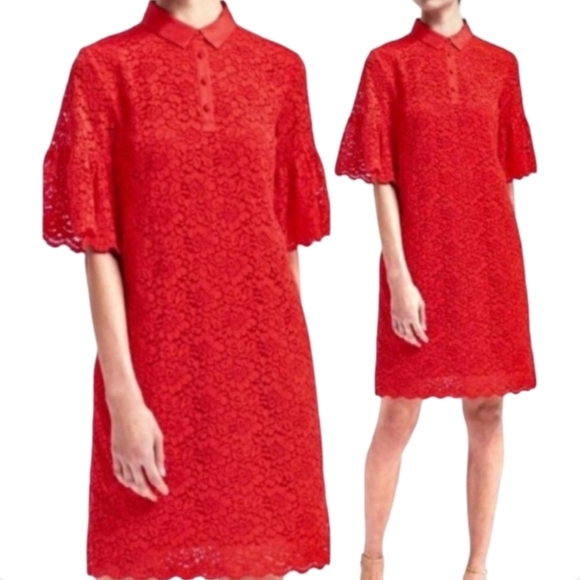 Banana Republic Red Lace Shirt Dress Size S - Bell Sleeves Collared Mini Dress - Picture 1 of 13